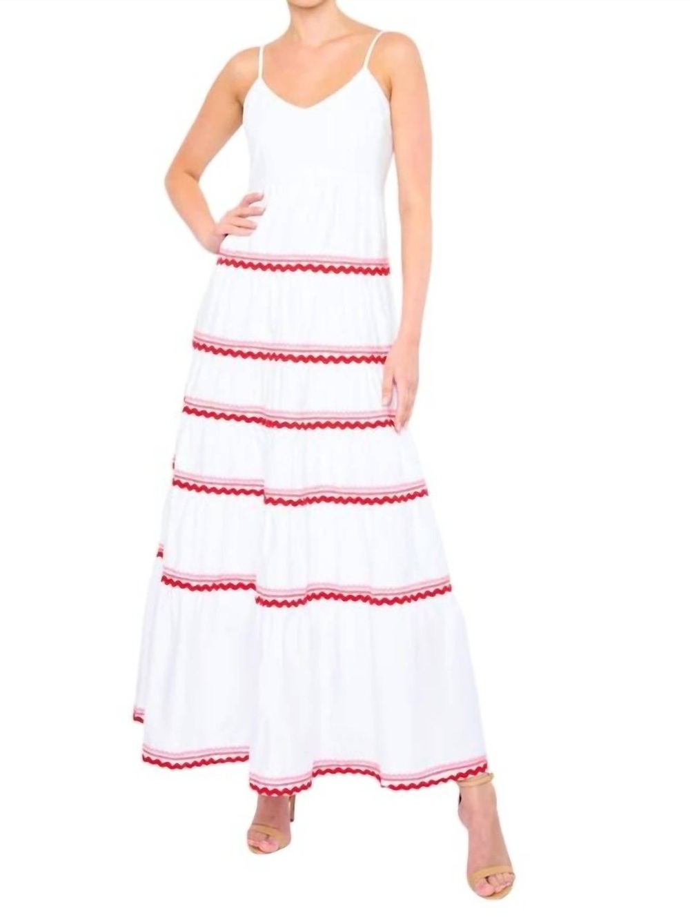 White Maxi Dress with Red Trim Spaghetti Straps